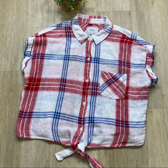 Rails Amelie Carmine Linen Blend Tie Front Shirt in Blue White Red - Picture 7 of 11